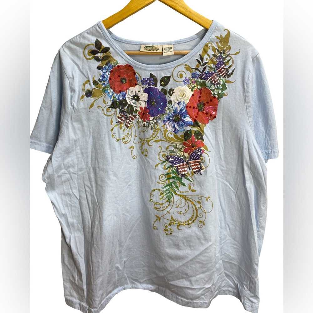Collections Etc Floral Butterfly Sequin Tee Baby Blue Size XXL